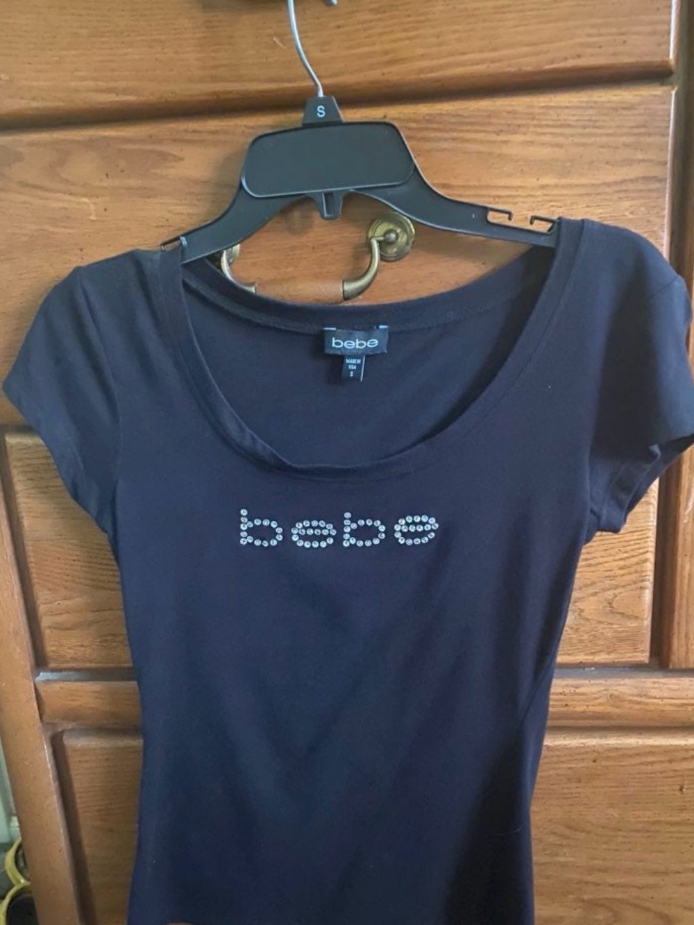 bebe Black Crystal Logo Scoop Tee